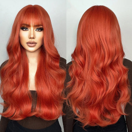 Long Wavy Red Synthetic Wigs for Women Natural Ginger Wigs with Bangs Heat Resistant Fiber Hair