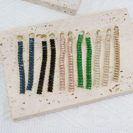 EC1831 Womans Fashion Simple Dainty Long Gold Plated Multi Colored Baguette CZ Diamond Tennis Drop Dangle Tassel Stud Earrings