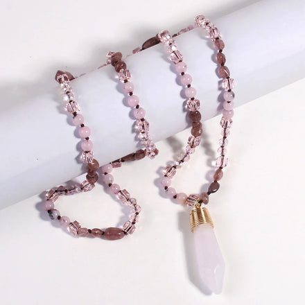 Women Bohemia Knot Necklace Gift Fashion Boho Jewelry 6mm Natural Stone Crystal Glass Beads Pink Quartz Bullet Pendant Necklace