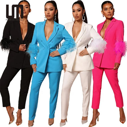 Clearance Sales New Fashion Elegant Women Outfits Feathers XS Two Piece Office Wear Blazer Coat and Straight Pants Set