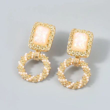 SC Fashion Retro Style Square Resin Stud Earrings Personalized Gold Plated Geometric Round Drop Inlaid Pearl Earrings for Women