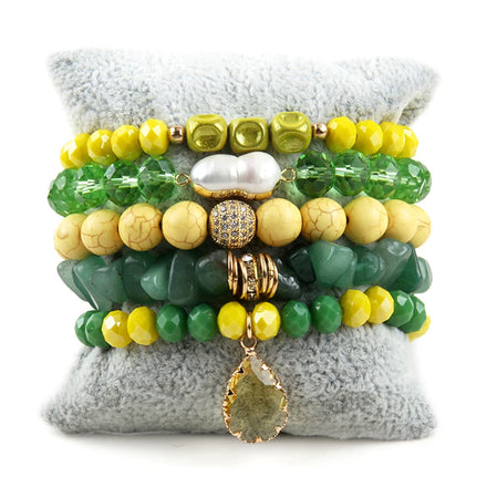 Fashion 5pcs Jewelry Yellow Green Black Natural Stone Crystal Glass Gravel Pearl Bracelet Drop 3D Pendant Stack Bracelet Set