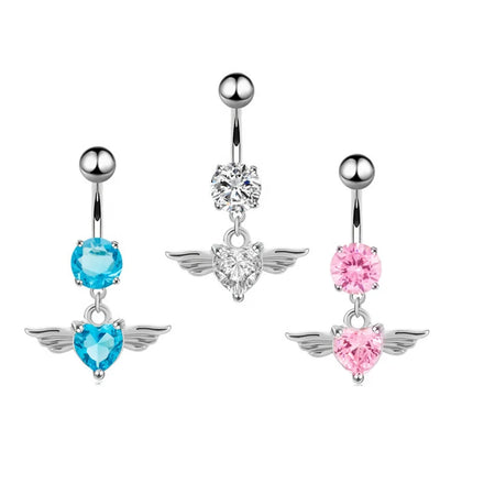 Fashion Surgical Stainless Steel Heart Navel Piercing Jewelry Angle's Wing Dangle Belly Button Rings With Zircon