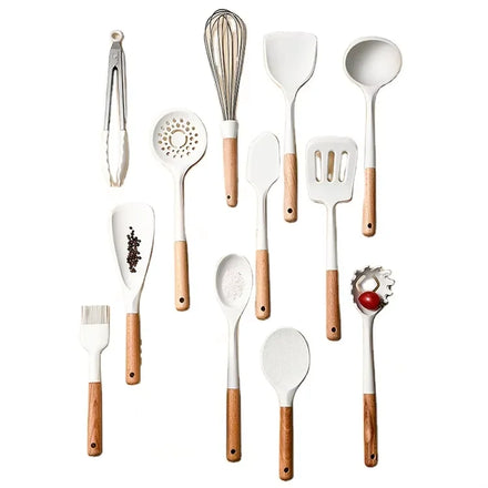 BPA-Free Food Grade Silicone 10-Piece Eco-Friendly Kitchen Utensils Set Heat-Resistant Wooden Handle Non-Stick Cooking Tools