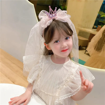 Flower Girl Hair Accessory Tiara Sequin Crown Crystal Children's Birthday Party Bow Veil Hairband with Gauze NIANCAN
