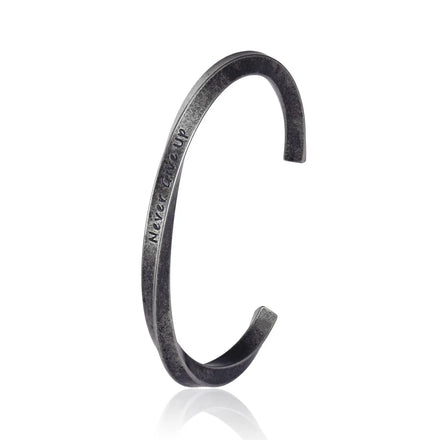 Retro Silver Stainless Steel Engraved Never Give up Inspirational Words Twisted Open Cuff Bracelet for Men Women