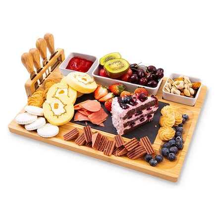 Natural 4 Knives Slate Stone Cutting Boards Platter 3 Ceramic Bowls Knives Set Bamboo Cheese Board