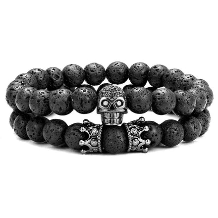 Risingmoon 2Pcs/Set Male Pave CZ Skull Crown Beads Natural Lava Stone Bracelet Bangle Sets Mens Women Jewelry Homme Bijoux