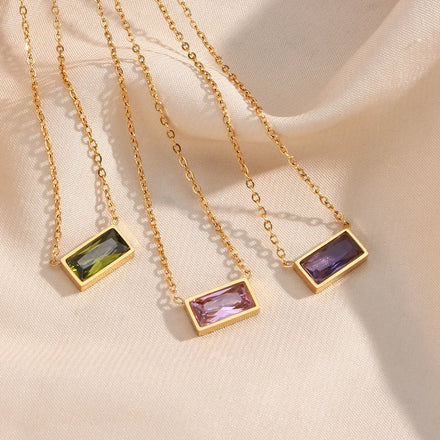 Temperament Shiny Zircon Choker Necklaces Water Proof Colorful Square Rhinestone Pendant Stainless Steel Chain Necklaces