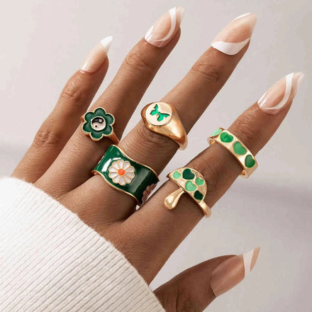 Boho Midi Rings Set 5Pcs Set Vintage Gold Flowers Geometric Crystal Finger Rings Sets