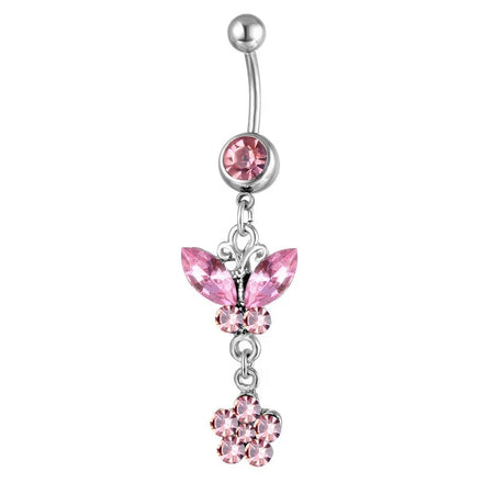 Stainless Steel Color Crystal Butterfly Dangling Navel Ring Fashion Women Piercing Jewelry Flower Dangle Belly Button Ring