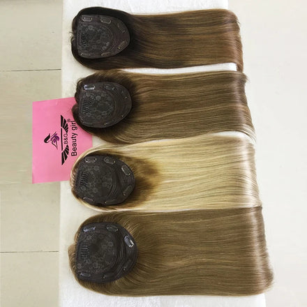 Hundred Percent Raw Virgin Russian Human Hair Blonde with Brown Roots 18 Inch Silk Base Medical Head Topper for Women