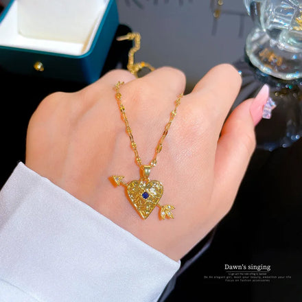 Fashion Gold Plated Cubic Zirconia CZ Choker Necklaces Stainless Steel Heart and Cupid's Arrow Pendant Necklace for Women