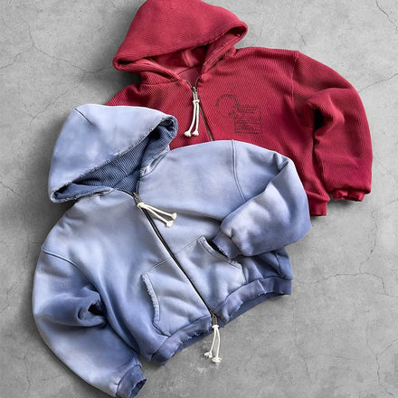 Custom Distressed Zip up Hoodie Heavyweight Thick Sun Faded Hoodie for Men Boxy Fit Hoodie