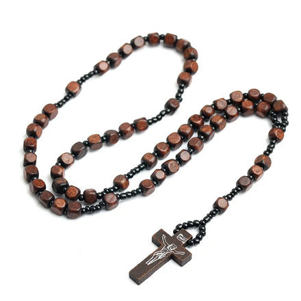 Wholesale Saint Benedict Religious Rosary 8mm Square Catholic Rosaries Cross Wood Beads Necklace