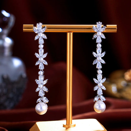 Luxury Jewelry Rhodium Plated Cubic Zirconia Brides Flowers Imitation Pearl Long Drop Earrings for Women Wedding Dress Accessory