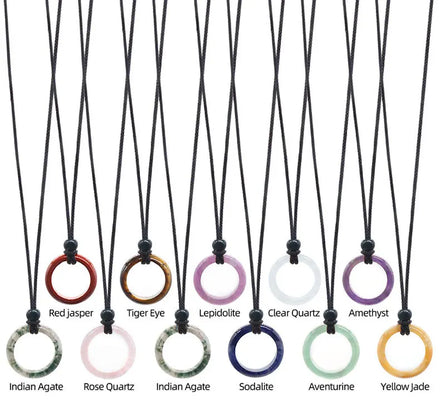 Natural Gemstone Agate Reiki Ring Necklace Accessories Healing Crystal Round Ring Pendant Necklace for Couple Gift