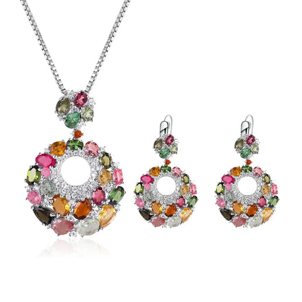 W0448 Abiding High End Natural Mix Color Tourmalines Gemstone 925 Sterling Silver Fine Jewelry Set for Girls