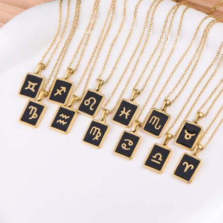 12 Zodiac Astrology Star Sign Enamel Pendant Stainless Steel Handmade Necklace Jewelry Horoscope Square Necklace Jewelry Gift