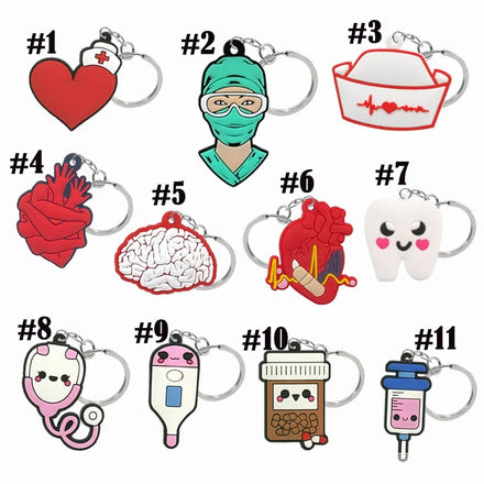 Medical PVC Keychain Doctor Red Heart Tooth Stethoscope Thermometer Cartoon Key Ring for Nurse Gift