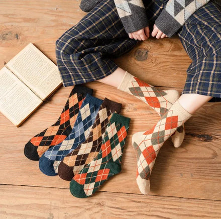 Argyle Socks Women Thermal Socks for Women Retro Black Warm Thick Crew Winter Ladies Calcetines Para Mujer
