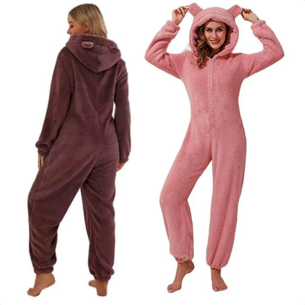 Fluffy Women Plush Warm Sleepwear One-piece Zipper Hooded Jumpsuit New Autumn Winter Lady Casual Home-wear Sleepwear