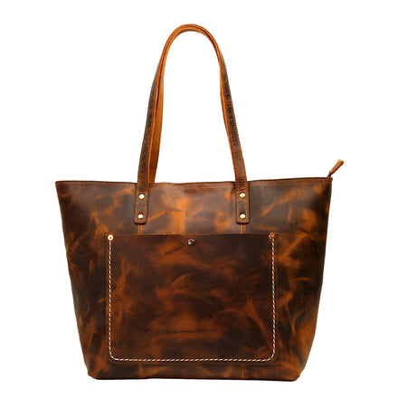 Casual Daily Light Brown Crazy Horse Cowhide Tote Handbag Women Vintage Zipper Genuine Leather Luxury Handbag