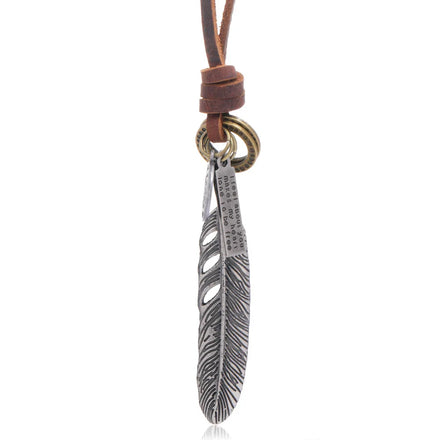 Hot Selling Metal Feather Pendant Necklace Men's Vintage Jewelry Genuine Leather Chain Rope Necklace Accessory Jewelry