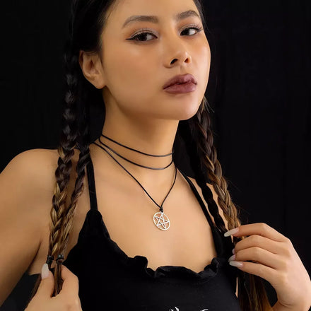 Long Rope Chain with Stars Pendant Necklace for Women Punk Multi-layer Wax Line Accessories on Neck Fashion Female Jewelry Gift
