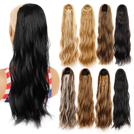 AliLeader Wholesale 140G Natural 24inch Long Wavy Ponytail Clip in Hairpiece Synthetic Drawstring Ponytail
