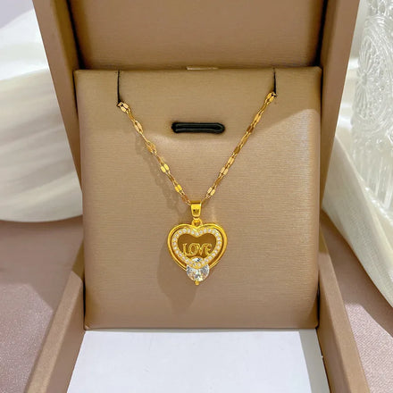 Sparkling Stainless Steel Love Shaped Choker Necklace Micro Inlay CZ Hollow Out Heart Pendant Necklace for Valentine's Day Gift
