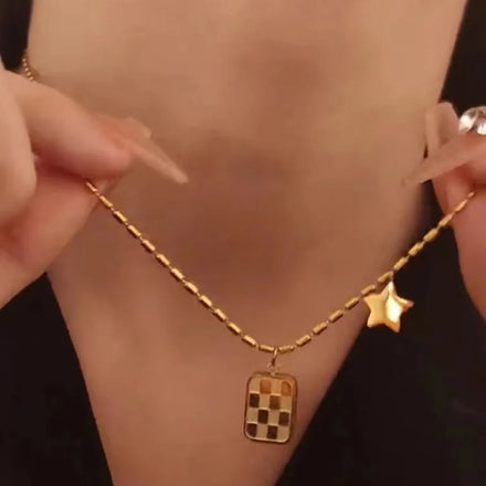 18K Gold Plated Stainless Steel Bead Chain Jewelry Star Charm Checkered Rectangle Pendants Necklace for Men Women