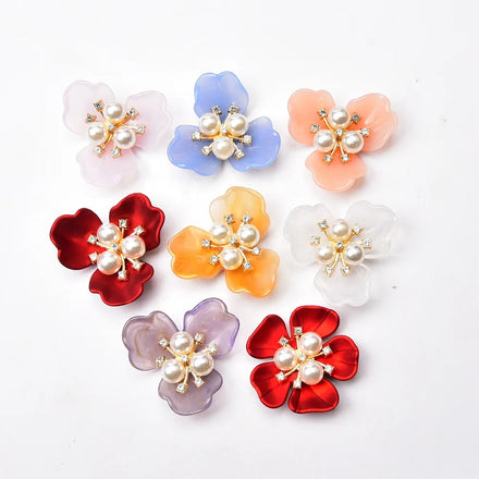 New Plastic Three Leaf Imitation Shell Jelly Pearl Flower Applique Rhinestone Button Diy Bride Dress Shoes Jewelry Accessories