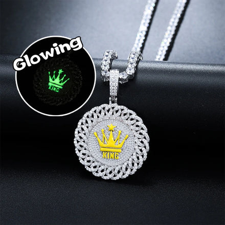 Dropshipping Glow in the Dark Jewelry Gift 925 Sterling Silver Full VVS Moissanite Diamond Round Crown Disc Pendant
