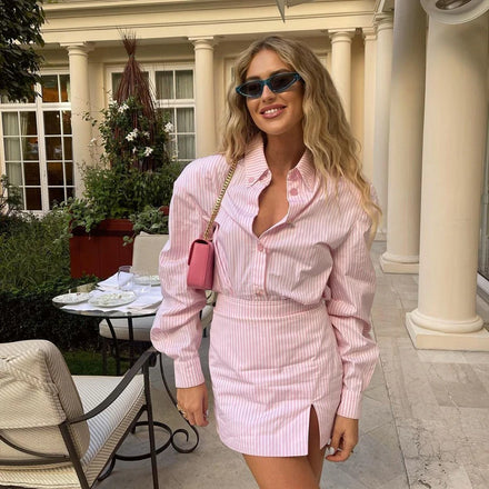 Women's Pink Striped Long Sleeve Blouse Shirt Top And Miniskirt Office Wear Casual Fashionable Two Piece Summer Skirt Set