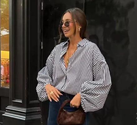Enyami Streetwear Fashion Black Loose Lattice Plaid Shirts Oversized Boxy Casual Lapel Puff Sleeve Office Lady Women Blouse