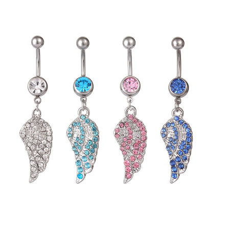 Single Colorful Crystal Angel Wing Belly Button Rings Stainless Steel Navel Rings Body Piercing Jewelry for Women
