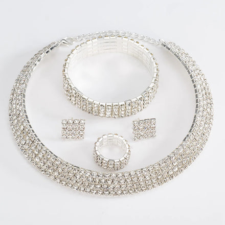 Euro-American Fashion 4-Piece Set Diamond Rhinestone Necklace Earring Stretch Ring Bracelet Collar for Wedding or Party
