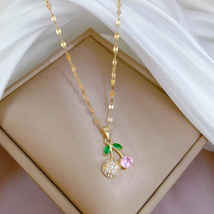 Shiny Zircon Cherry Pendant Necklace Stainless Steel Link Chain Gold Plated Micro Pave Zircon Cz Cherry Choker Necklace