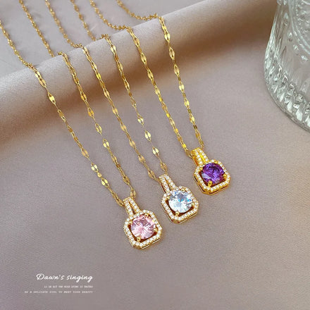 Shiny Square Diamond Pendant Necklace Stainless Steel Chain Gold Plated Micro Pave Zircon Cz Square Diamond Choker Necklace