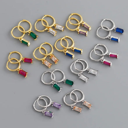 Fashion Gold Plated 925 Silver Earrings Color square Cubic Zircon Pendant Earrings Jewelry Women