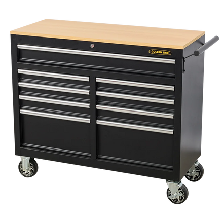 9 Drawers Black Metal Rolling Tool Trolley Workshop Workbench Garage Tool Cabinet Tool Chest Wooden Top Matte Finish Hand