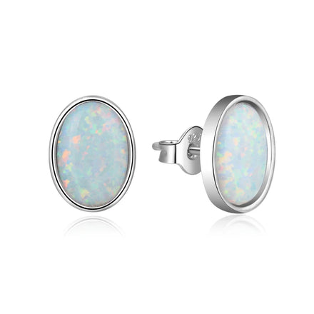 925 Sterling Silver Oval Stud Earrings | Simulated Opalite Center Stone | Hypoallergenic Play-of-Color Ear Studs for Women