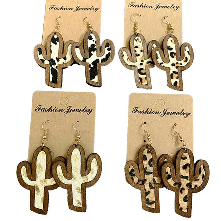2024 Vintage Wood FS Pendant Earrings Trendy Horse Hair Wooden Cactus Cat Fever Bronzing Leather for Women
