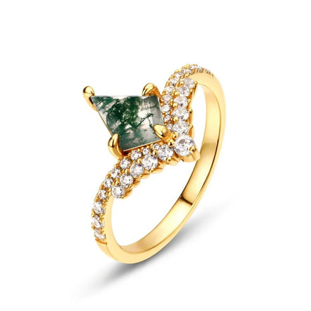 Wholesale Gold Jewelry Dainty Sterling Silver Cubic Zirconia Ring Rhombus Shape Aquatic Green Moss Agate Ring for Women