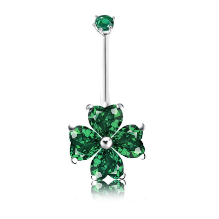 925 Sterling Silver Zircon Flower Lucky Grass Navel Ring Rhodium Plated Trendy Engagement Wedding Gift Women Hip Hop Piercing