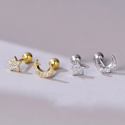 Screw Fasteners Korean Fashion Pure 925 Sterling Silver Crystal Moon and Star Shape Stud Earring for Women Girls