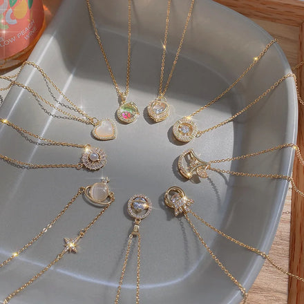 Healing Stone Pendant Clavicle Chain Fashion Rhinestones Choker Titanium Steel Gold Plated Necklace Jewelry