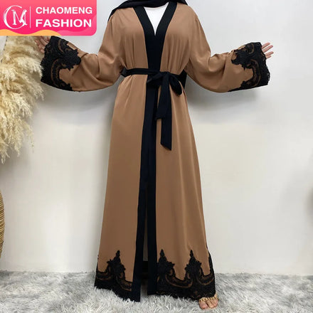 1545*# Nida Material Black and White Applique Fashion Elegant Cardigan Muslim Islamic Dubai Eid Clothing