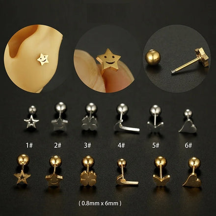 Gaby Women's Stainless Steel Ear Studs New Pure Star Heart Butterfly Cartilage Earrings Gold Plated Jewelry Piercings